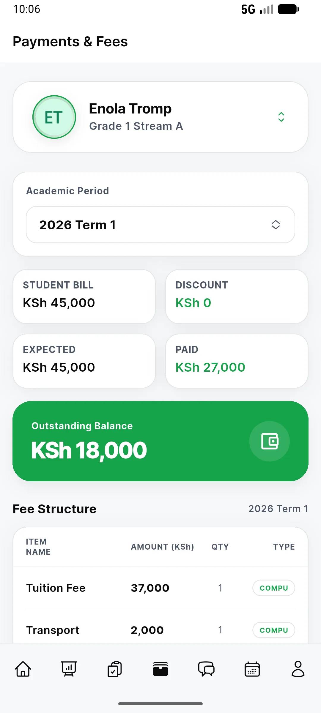EBingwa parent mobile fees screen showing balances and payment information