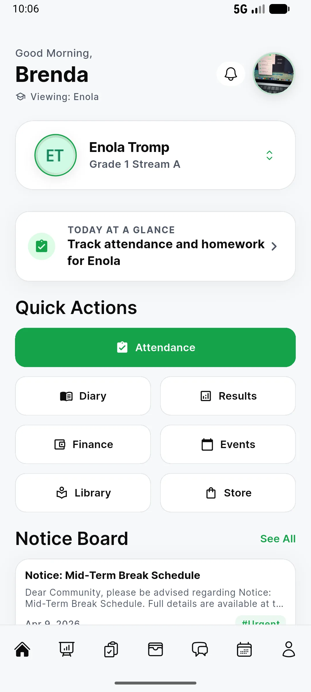 EBingwa parent mobile dashboard showing learner updates, balances, and school notices